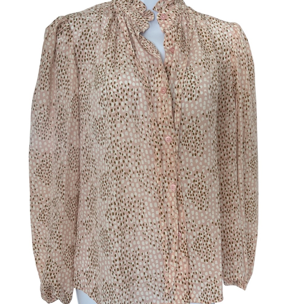 Tucker Blush and Taupe Dotted Ruffle-Neck Blouse NWT